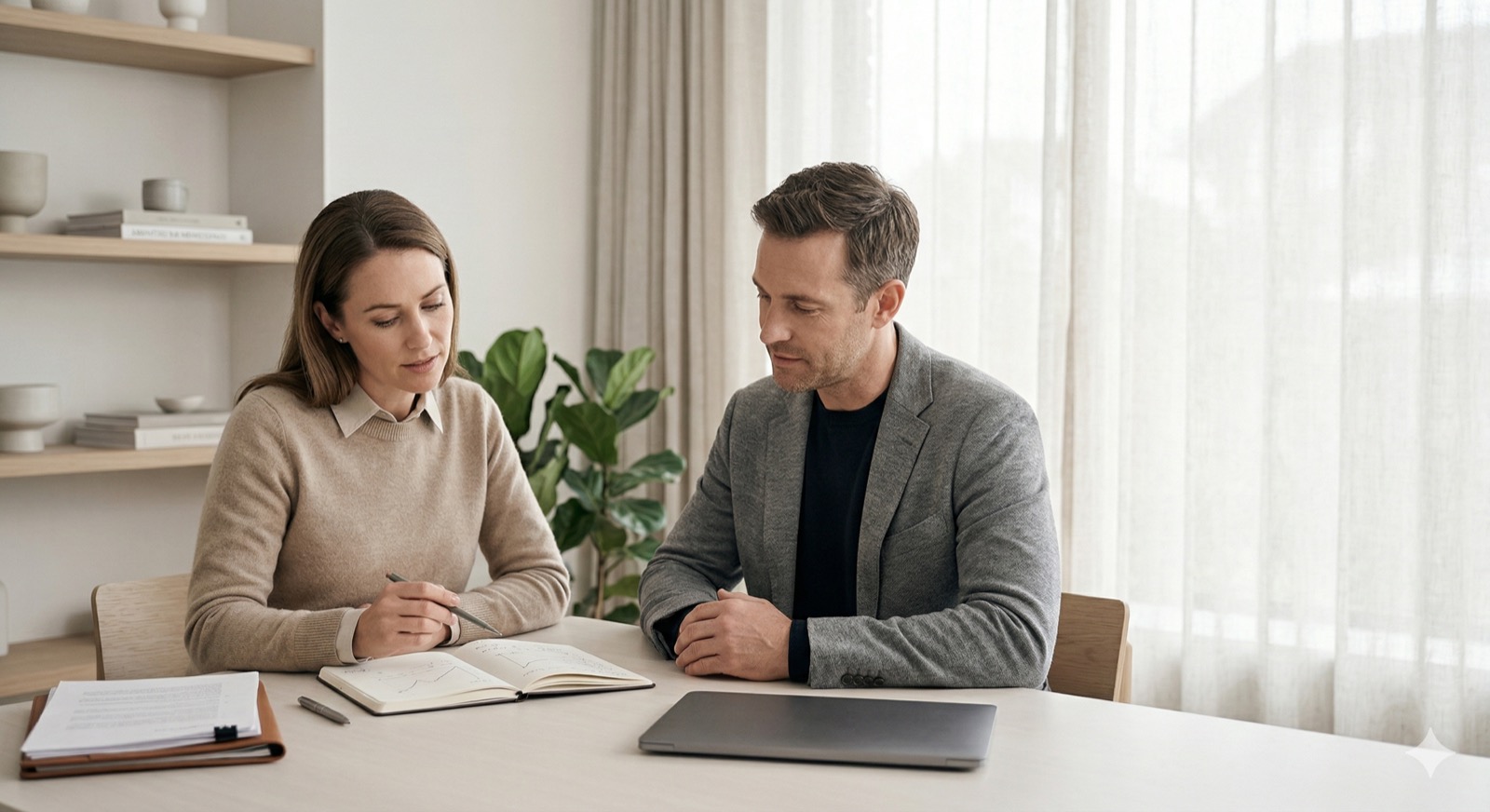 Advisor reviewing financial notes with a client at a desk.