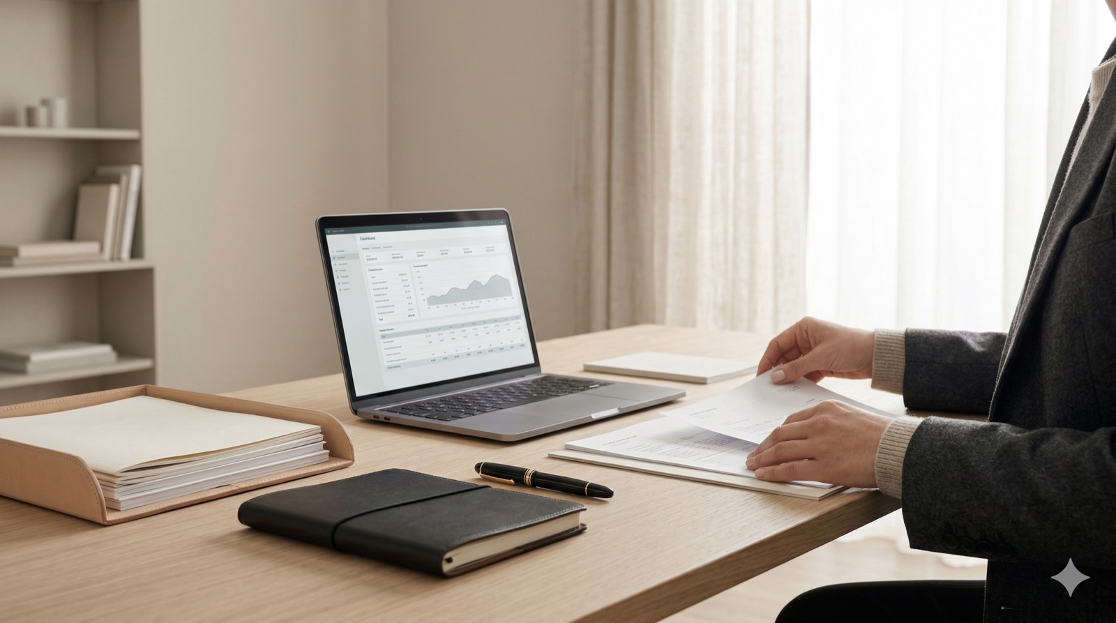 Financial planning materials arranged on a desk beside a laptop and printed documents.