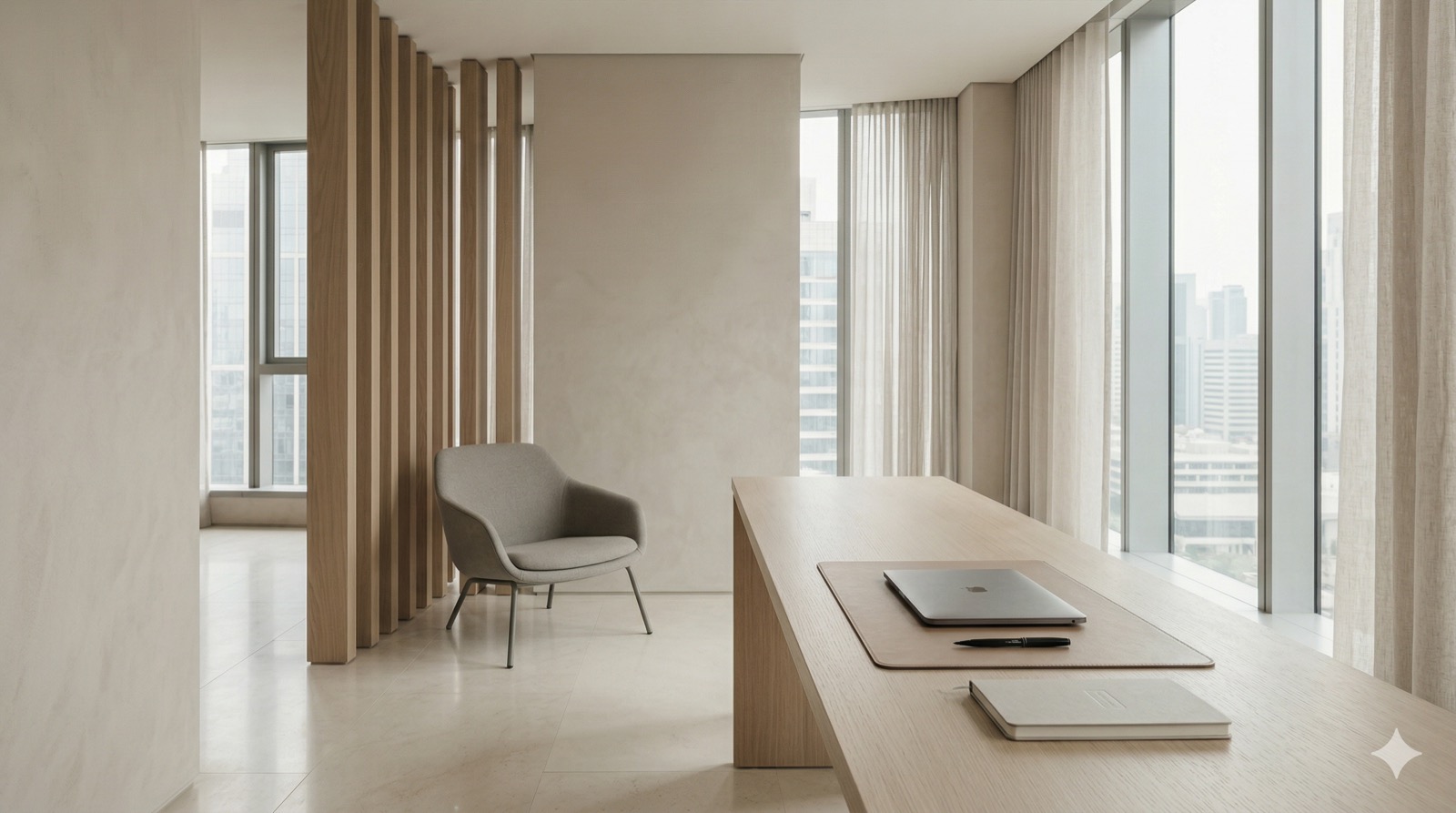 Minimal professional office interior with a desk, chair, and laptop near large windows.