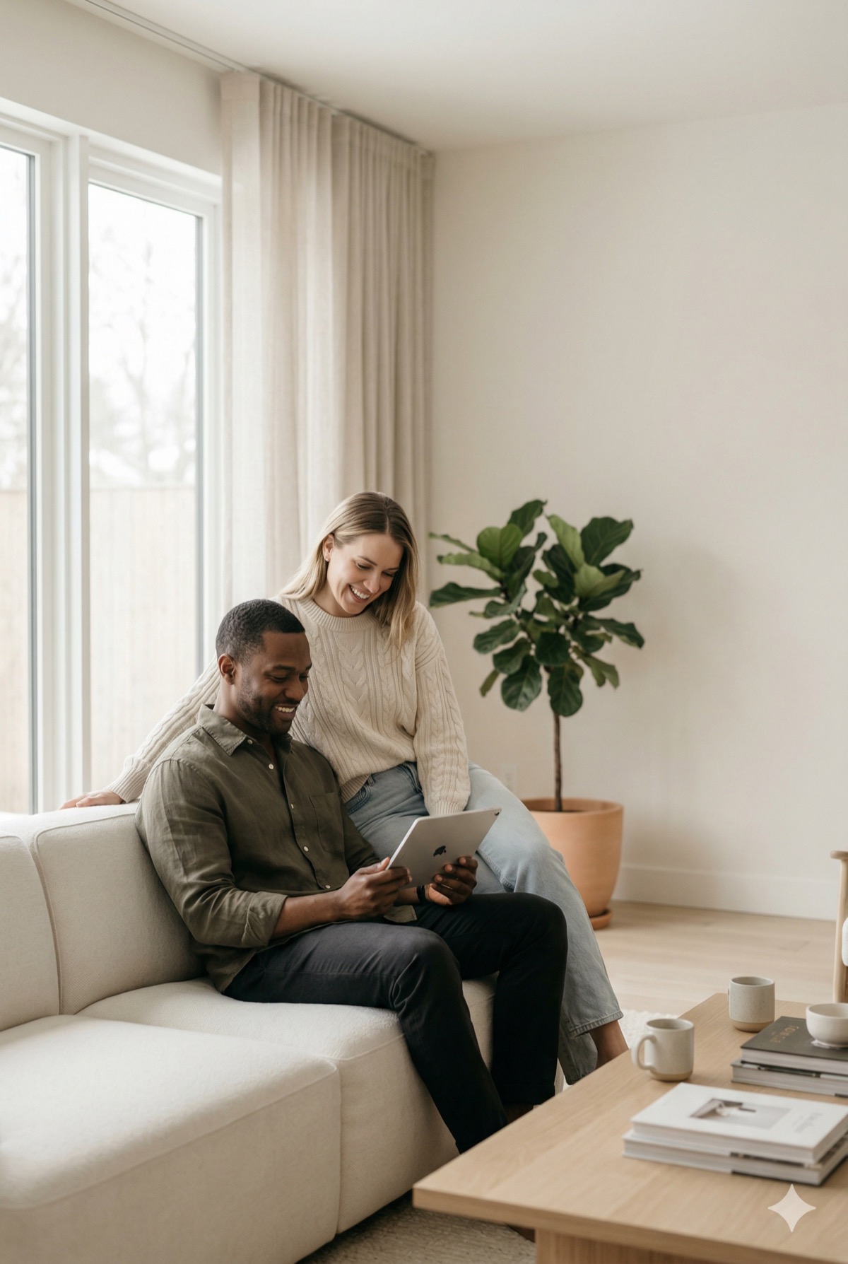 Couple reviewing financial plans together in a bright living room.